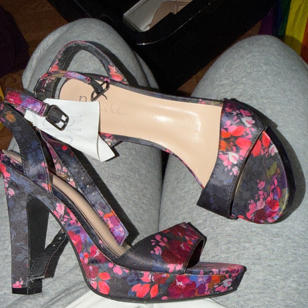 Nicole Miller Black and Pink Floral Heels